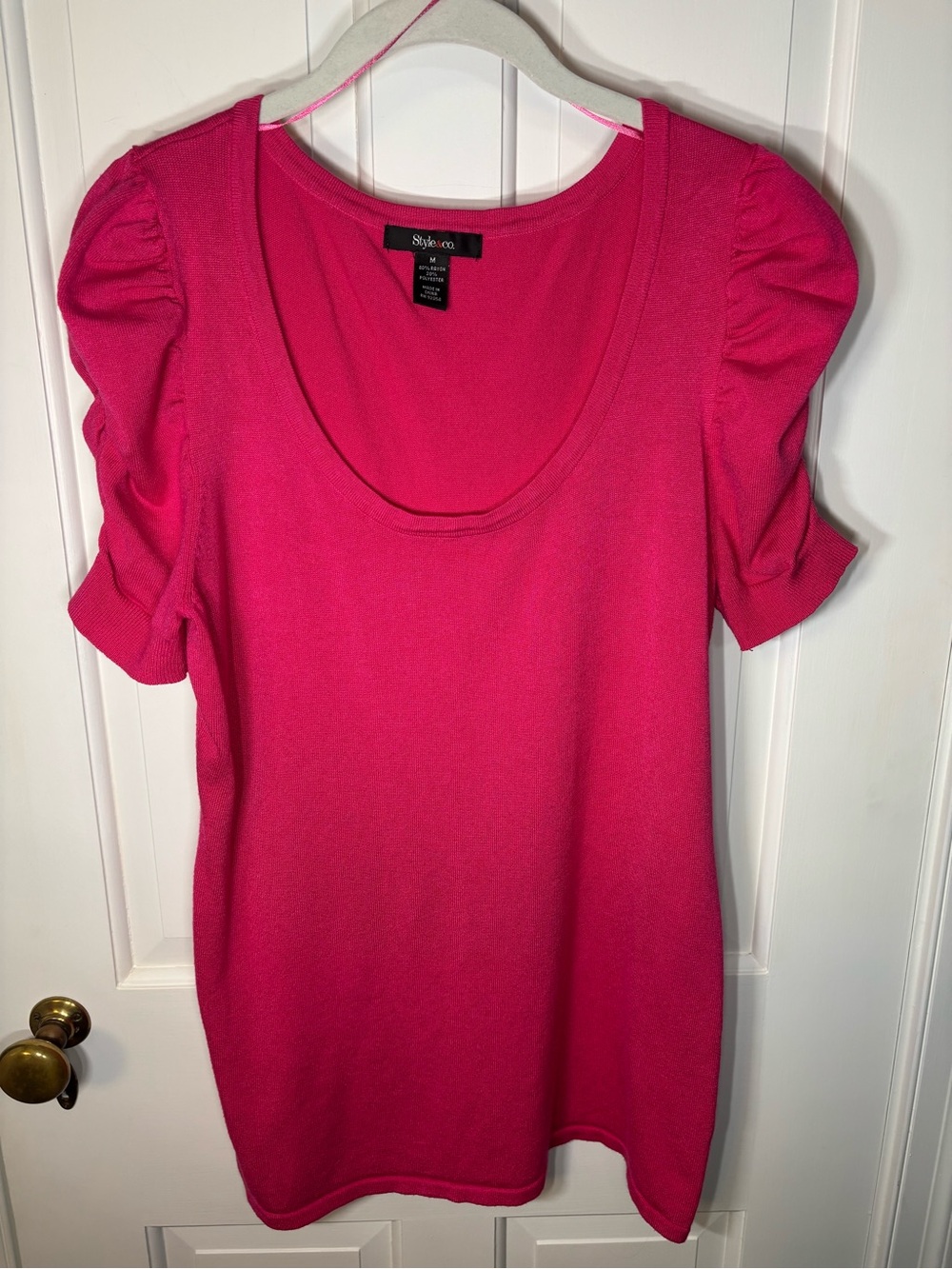 Style & Co Hot Pink Scoop Neck Puff Ruffle Sleeve Knit Top Sweater Tunic Medium